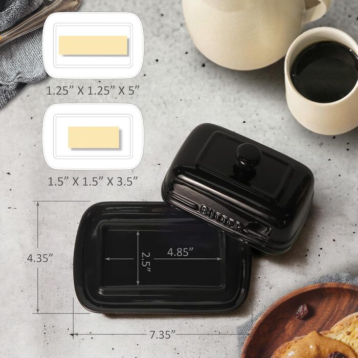 Ceramic Butter Dish with Lid for Countertop, 12.7 x 19.1 cm, Large Butter Container, Black Butter Holder for 2 Sticks, Butter Dispenser for Kitchen Countertop, Ceramic Butter Dishes with