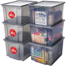 Iris Ohyama Versatile Storage Boxes, 30L, Set of 6, Gray, Easy-Closing Lid, Stackable, Plastic, For Closet, Shelves, Organization, Clothing, Bedding, Garage, USB-M