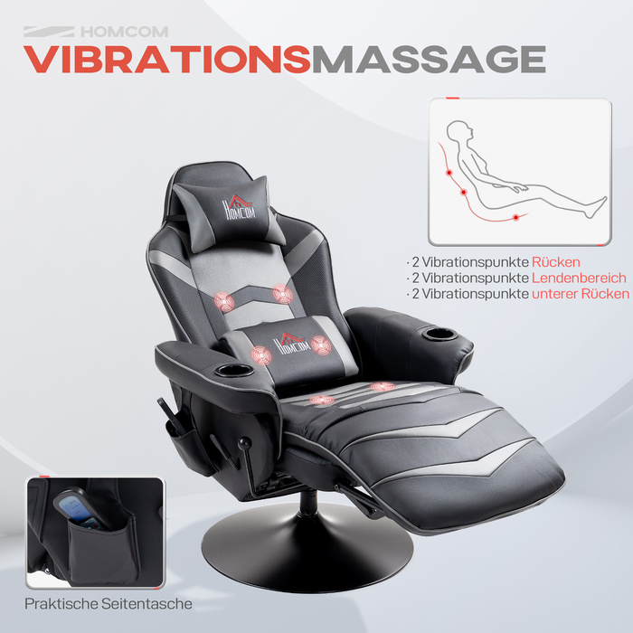 HOMCOM Gaming Chair with Massage Function, Reclining Backrest, Footrest, Supports up to 120 kg, Steel Frame, Faux Leather, Grey