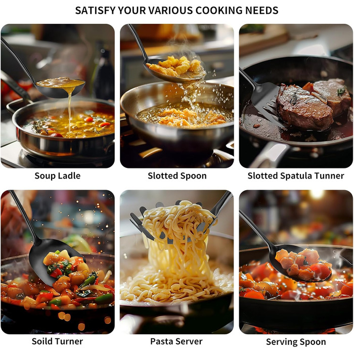 Набір кухонних аксесуарів з нержавіючої сталі 304, 12 предметів. Комплект кухонного начиння з лопатками, шумівками, ложками, друшляками, шпателями, виделкою для пасти та щипцями. Можна мити в посудомийній машині. Чорний колір.