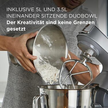 Кухонна машина Kenwood Titanium Chef Baker KVC85.004SI з вбудованими вагами, 1200 Вт, 2 чаші (5 л та 3,5 л), набір для кондитерських виробів, плавне регулювання швидкості, срібляста