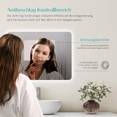 Дзеркало для ванної кімнати EMKE з підсвічуванням 50x70 см, запобігання запотіванню, 3 кольори світла, регулювання яскравості, сенсорне управління, функція пам'яті та автоматичне вимкнення через 3 години, ідеально для ванної кімнати (60 x 40 см)