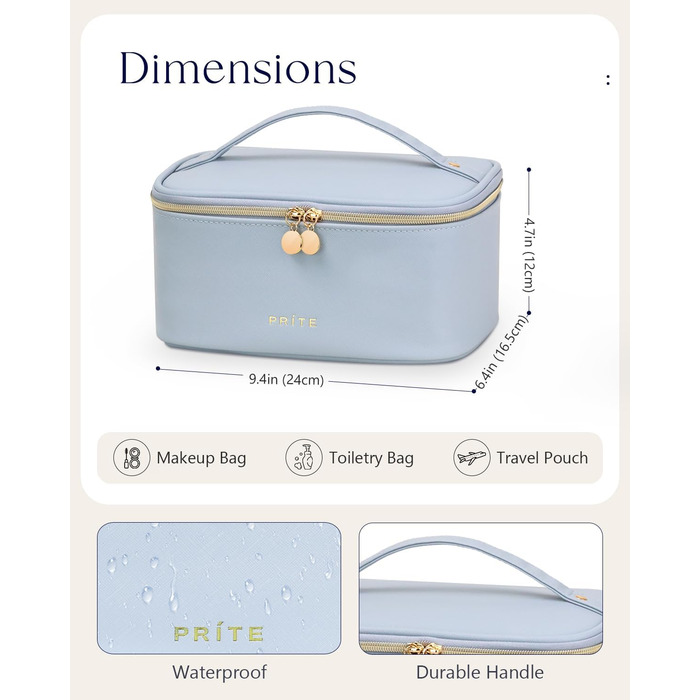 Велика косметичка для жінок, дорожня косметичка з водонепроникної шкіри, косметичний мішечок або сумочка для макіяжу з ручкою та знімним роздільником (Блакитна)