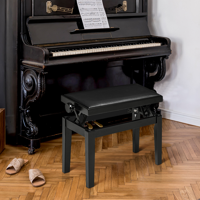HOMCOM Piano Bench - Height Adjustable Piano Stool with Leather Cushion, Faux Leather, Beechwood, Black, 63 x 33 x 45-56 cm, ideal for pianists