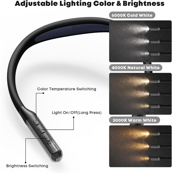 Ліхтар на шию LQWELL для читання, в'язання, рукоділля: LED лампа з регульованою яскравістю та кольором, акумуляторна, чорна