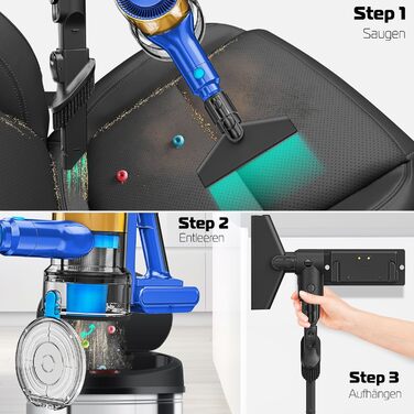 Бездротовий акумуляторний пилосос KESSER® з LED-дисплеєм, до 60 хв роботи, тихий, без мішка, з антинамотувальною насадкою, HEPA-фільтр, аромадиск (Синій/Золотий)