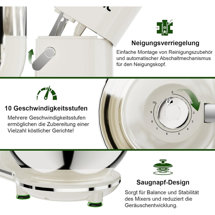 Кухонний комбайн-міксер Camic 2000W, чаша з нержавіючої сталі 7л, 10 швидкостей, набір насадок та захист від бризок, білий