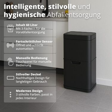 Сортувальний відро для сміття FLINQ Senzaro Sensor 3 відділення (2x12л + 36л) 60л - Автоматичне, Нержавіюча сталь, Чорний