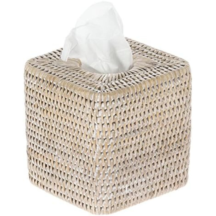 Kouboo La Jolla Rattan Square Tissue Box Cover, White Wash, Wicker, 13.97 x 13.97 x 14.61 cm