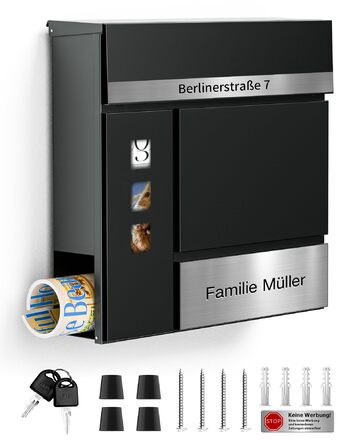 Поштовий ящик Anthrazit з гравіюванням, персоналізований, нержавіюча сталь, з відділенням для газет та замком (2 ключі) | Поштовий ящик з іменним шильдиком та номером будинку