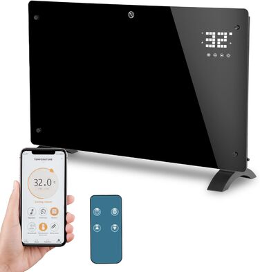Скляний конвекторний обігрівач Daromigo 2000W з термостатом та Wi-Fi, IP24, настінний, енергозберігаючий, чорний