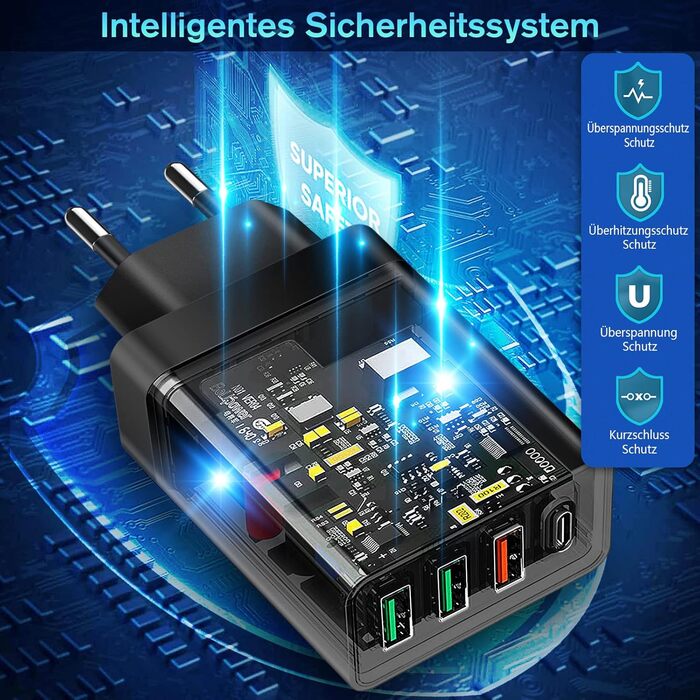 Зарядний пристрій Acezeek USB-C 35W 4-порти + 2x USB-C кабелі 60W 6.6ft для Samsung, LG, Google Pixel, планшетів (Чорний)