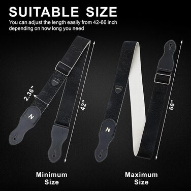 Гітарний ремінь Nefelibata з кишенькою для медіатора, 2.3 дюйми, веганська шкіра, стиль Porter, 60-ті, вестерн, вінтаж, регульований (42-66 дюймів), чорний