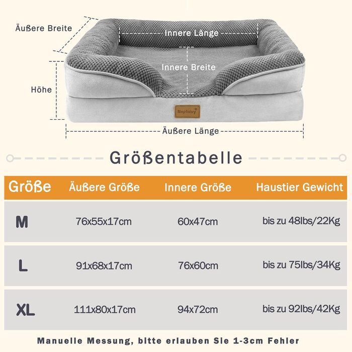 Orthopedic Dog Bed for Large Dogs - Dog Basket, Dog Sofa, Washable with Oval Foam, Dog Couch with High Rim and Non-Slip Bottom for Large Dogs, 111x80cm