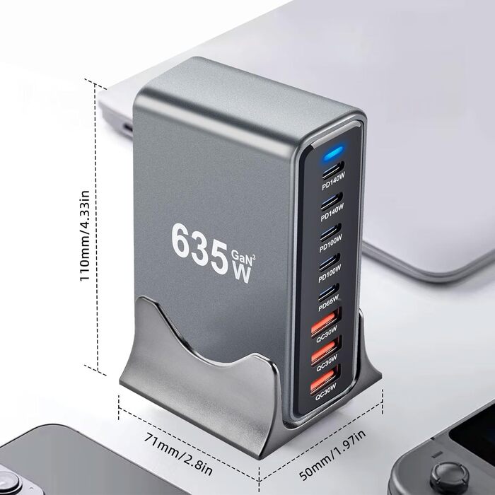 Зарядний пристрій Arceli USB-C 635W GaN III 10 портів: 5x USB-C PD + 5x USB-A QC4.0 для iPhone 16/15/14 Pro Max, Samsung Galaxy, MacBook, iPad, ноутбуків