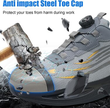 Робочі черевики з металевим носком для чоловіків та жінок, сірі, розмір 43 EU, дихаючі, з поворотним затвором, захисне взуття