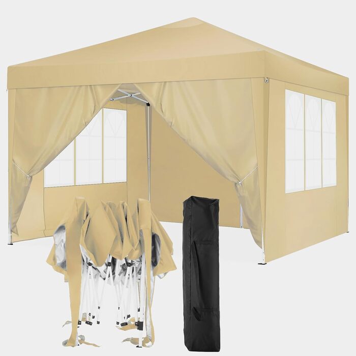 COBIZI Pavilion - Waterproof, Stable, Winter-Proof, Foldable, Pop-Up Gazebo/Party Tent for Beach, Wedding, Garden - with 4 Side Panels, UV Protection 50+, Adjustable Height (Khaki, 3x3m)