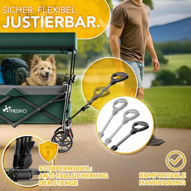 TRESKO® Вагончик-візок складний з дахом, кишеньою-холодильником та бічними шторками | Ручний візок, вантажопідйомність до 150 кг | Візок для перевезення з повного гумового покриття та гальмами (передні та задні) та 3-точкова система ременів безпеки (зелен