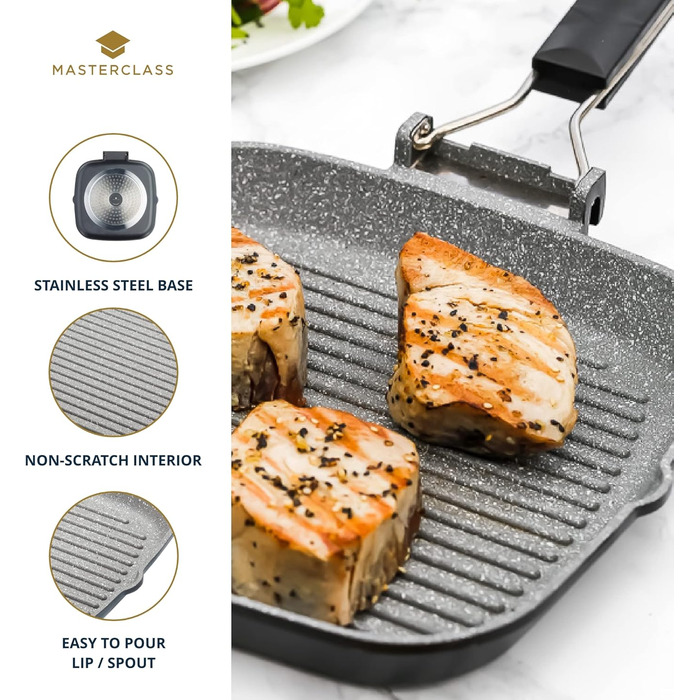 MasterClass Induction-Safe Non-Stick Grill Pan with Folding Handle, 20 cm (8