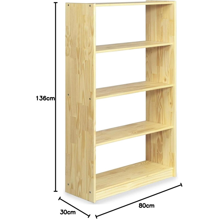 IDIMEX 5-Tier Solid Pine Bookshelf - Natural Finish