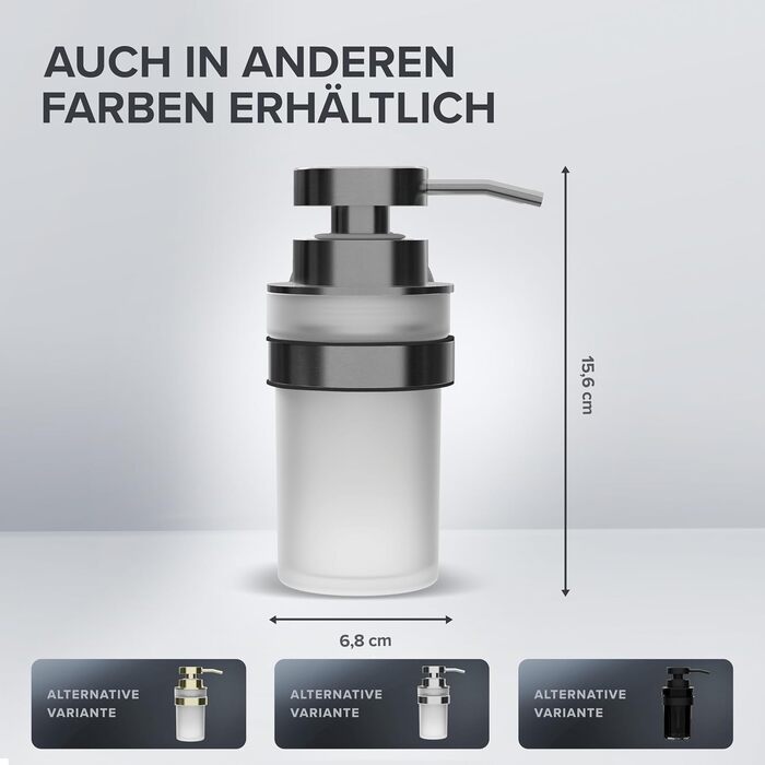 ovimar Soap Dispenser Veotind | Gunmetal | Wall Mounting without Drilling | Stainless Steel and Modern Glass | Large Opening | Suitable for Bathroom or Kitchen | Also Suitable as a Hand Sanitizer Dispenser