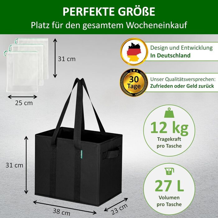 Large Foldable Shopping Bags 3-Pack & Fruit Net – Sturdy Large Foldable Shopping Basket with Reinforced Bottom – Ideal Shopping Bag for Shopping Carts & Trunk – 80 L Black
