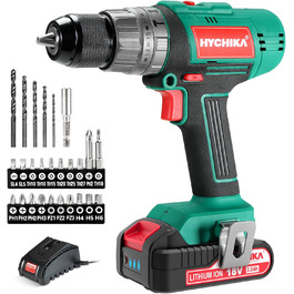 Акумуляторний шурупокрут HYCHIKA 18V, 45 Nm, 2.0 Ah, 27 предметів, 21+3 ступені, 2 швидкості, для свердління та закручування