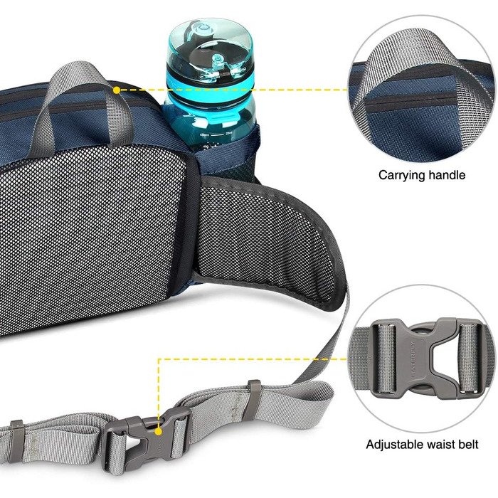 Водонепроникна поясна сумка Waterfly з відділенням для пляшки, регульованим ременем, кишенею для телефону, для хандрінігу, піших прогулянок, подорожей та кемпінгу (Темно-синій)