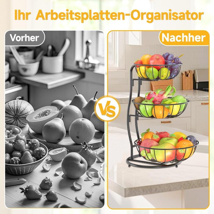 PouHenier 5-ярусная фруктова корзина для кухні, металева етажерка для фруктів та овочів, з тримачем для бананів, чорного кольору