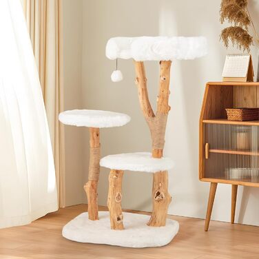 Дерев'яний кігтеточка для котів SOARS з 3-ма природними стовбурами, ліжко для котів та плюшеві поверхні, кігтеточка з іграшковим м'ячиком та джутовим мотузком, багатоповерхова, 59 x 49 x 110 см, білий колір