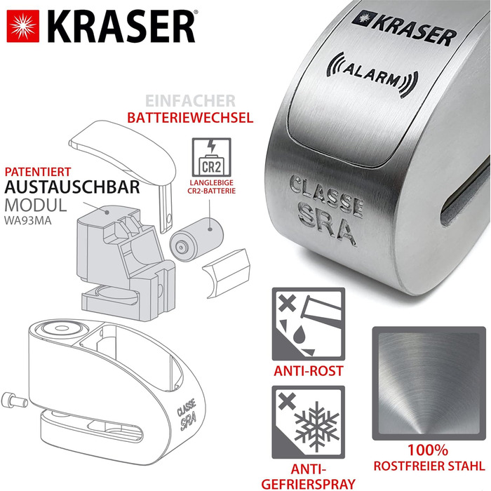 Мотозамок сигналізація KRASER KR10S, 120дБ, подвійний захист, диск-кліп, нержавіюча сталь, Ø10мм, протиугінний замок для мотоцикла, скутера, велосипеда