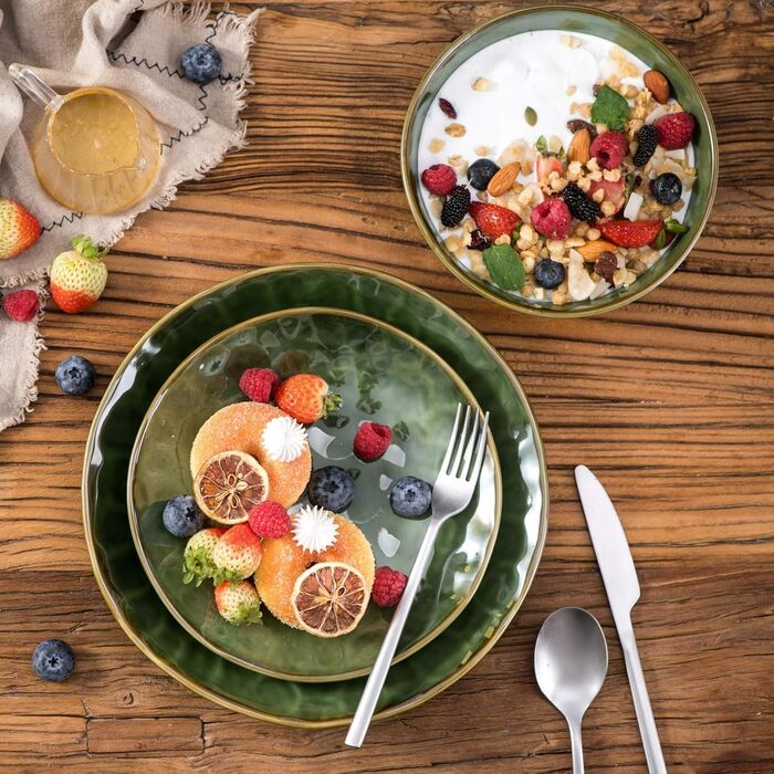 Набір тарілок для мюслі Vicrays (6 шт.) з порцеляни, об'єм 940 мл, набір тарілок та мисок, салатник з кераміки, супові тарілки, підходить для мікрохвильової печі та посудомийної машини (зелений)