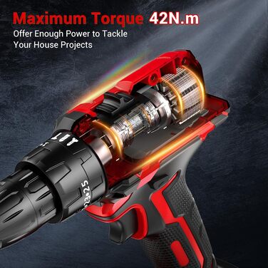 Акумуляторний шуруповерт BETENST 21V: 42Nm, 2 Akku 2.0Ah, 25+3 Drehmomentstufen, 2 швидкості, 10мм патрон, LED, 30шт аксесуарів для дому, саду, DIY