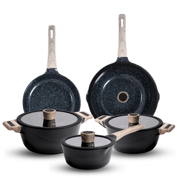 Набір каструль Goldmann 9 шт. з преміум-покриттям – чавунний алюміній з керамічним антипригарним покриттям, підходить для індукційних плит, всіх типів плит, з кришкою з термостійкого скла, для смаження з мінімальним додаванням жиру, стійкий до подряпин, м