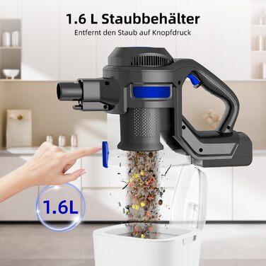 Бездротовий пилосос Authmic 40000Pa з акумулятором, час роботи до 50 хв, об'єм контейнера 1.6л, HEPA фільтр x4, для килимів, твердих підлог та шерсті тварин (блакитний)