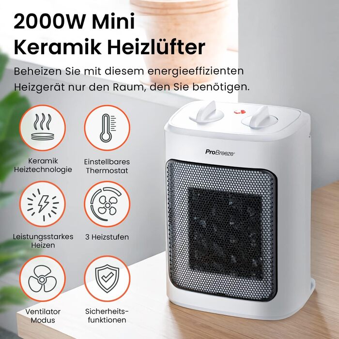 Керамічний обігрівач Pro Breeze 2000W з термостатом, електрична теплова гармата з 3 рівнями нагріву, захистом від перегріву та перекидання, білий