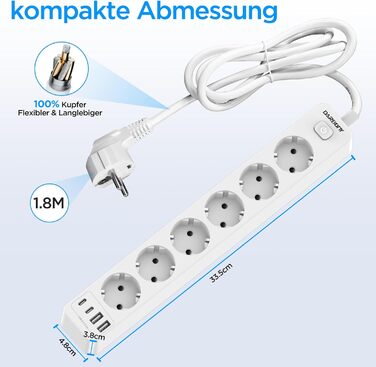 Мережевий фільтр з 4 USB та 6 розеток з вимикачем, для кухні, офісу, 3680W, 16A, 2 Type-C, білий кабель 1.8м