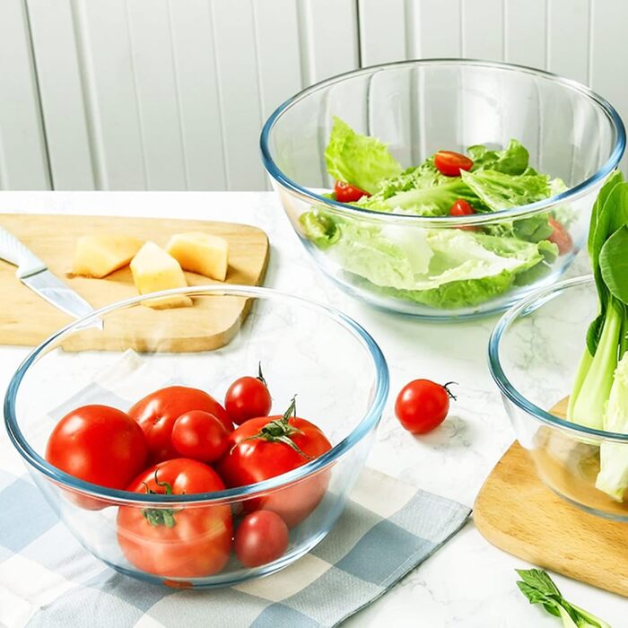 WhiteRhino Glass Mixing Bowls with Lids, 3-Piece Set (4.2L, 2.5L, 1L), Large Round Salad Bowls for the Kitchen, Salad Bowl with Lid, Cooking, Baking, Preparing, Dishwasher Safe