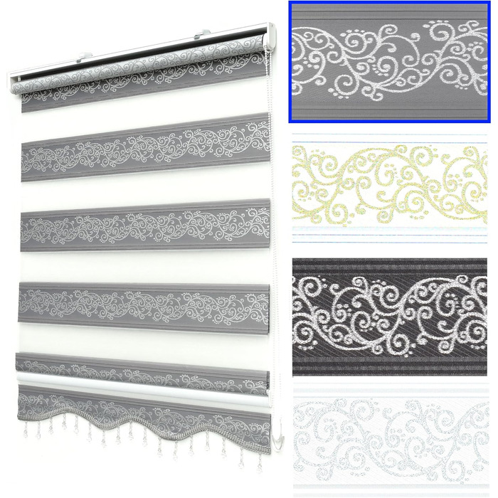 Double Roller Blind Klemmfix No Drilling White Silver 200 x 60 cm (Length x Width) Duo Roller Blind Blackout with Beads, Shimmers, Pleated Blind Window Door Zebra Blind Clamp Roller Side Pull Roller Blind (Grey Silver, W50 x H200 cm)