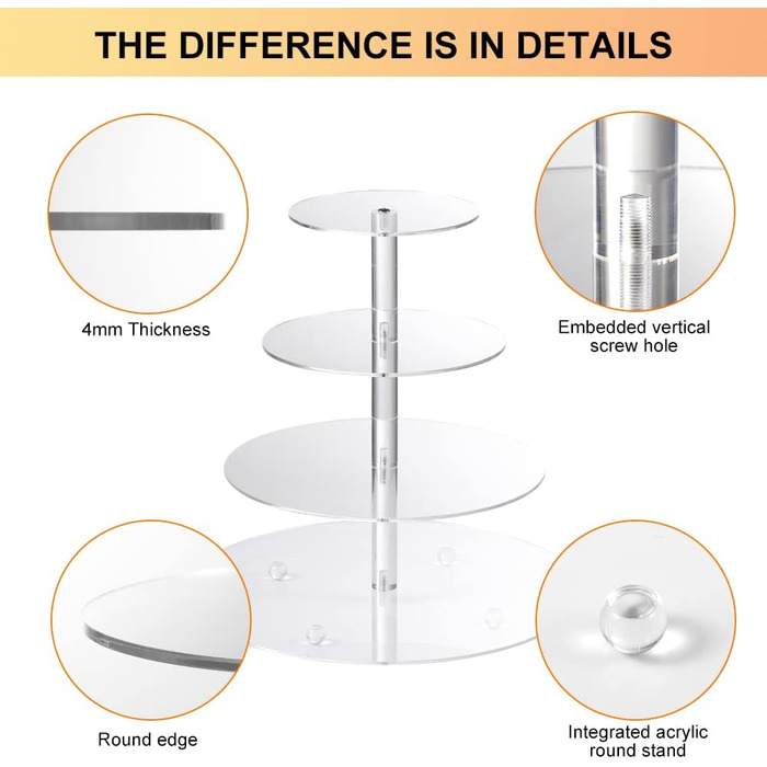Підставка для тортів на 4 яруси, кругла, з акрилу, 30.5 см - для вечірок, свят, днів народжень