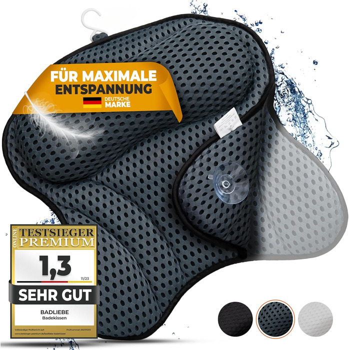 Bathtub Pillow – [TESTED QUALITY] - includes 6 extra strong suction cups – bath pillow with ergonomic fit for neck and back – high-quality neck pillow – [INCLUDES extra carrying bag] (Gray)