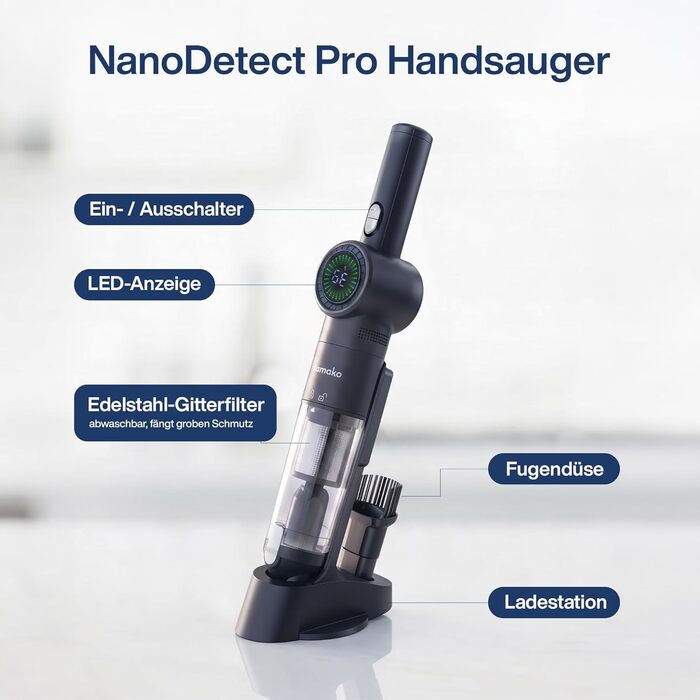 Samako Акумуляторний пилосос NanoDetect Pro 13,5 кПа з LED-дисплеєм, ультралегкий (0,85 кг), HEPA-фільтр, для дому, авто та дивана