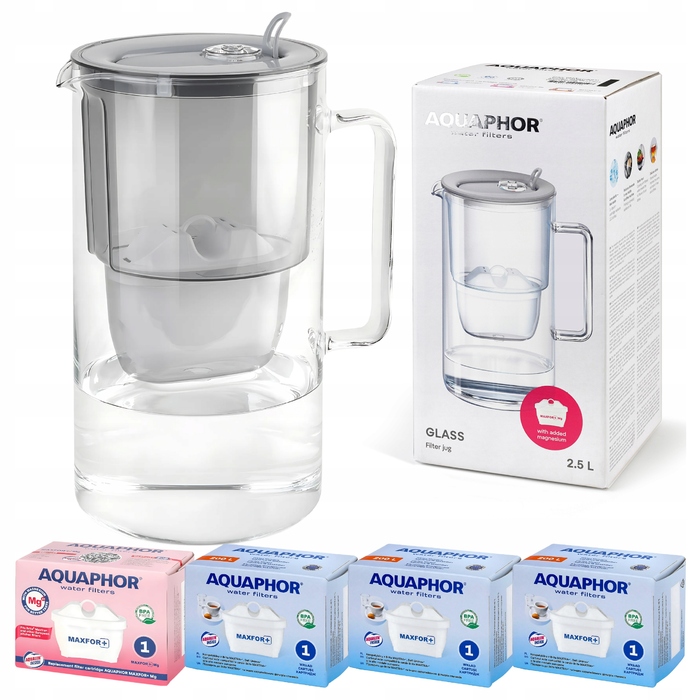 Скляний фільтр-кувшин Aquaphor Glass, сірий + 4 смінних фільтри Maxfor