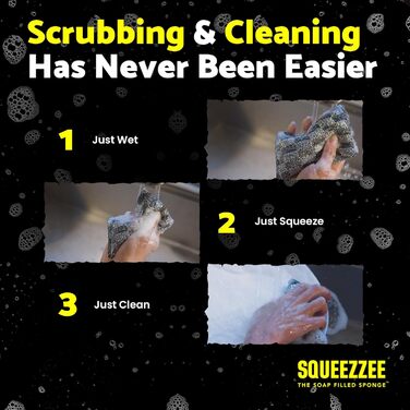 Squeezzee Soap-Filled Sponges – Scratch-Resistant Scrub Sponge with Built-in Dish Soap – Double-Sided Kitchen and Household Cleaning Sponges – Up to 300 Washes Per Sponge – 6 Pack