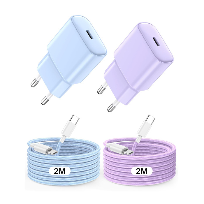 Зарядний пристрій 20W USB-C для iPhone 17/16/15, 2 шт. + Кабель USB-C 2м, PD3.0, блакитний+ліловий