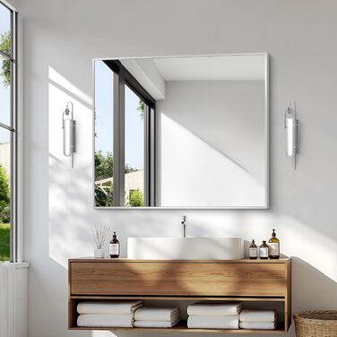 Дзеркало для ванної кімнати BONEWEI, 61 x 121,9 см, прямокутне, настінне, з рамою, косметичне, з заокругленими кутами, для спальні, вітальні, передпокою, горизонтальне (срібне прямокутне, 90x75 см)