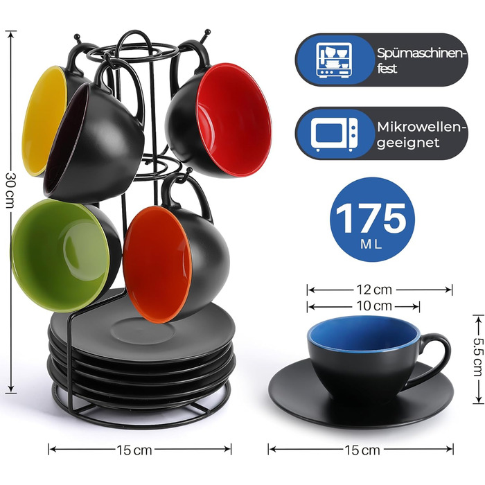 MIAMI - 6 x 175 ml Cappuccino Cups with Saucers & Stand/Cappuccino Cup Set - Le Papillon Collection (Colorful)