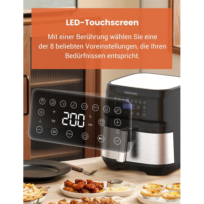 Аерофритюрниця Proscenic T21 5,5 л XXL з додатком та голосовим керуванням, 1700 Вт, цифровий LED-дисплей, функції попереднього нагріву, таймера та підтримки тепла, без олії, легке керування