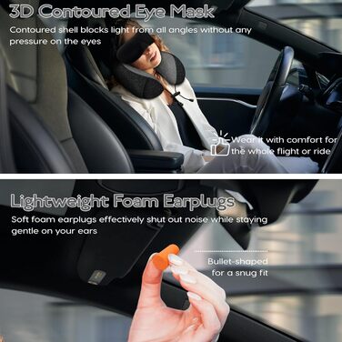 Подушка для шиї у літак - 100% Memory Foam - Зручна подушка для подорожей - з 3D-маскою для сну та навушниками - Ідеально для літака, авто, дому, офісу, чорна