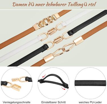 Жіночі тонкі ремені WHIPPY (2 шт) - чорний + коричневий, 105 см, для талії до 95 см. Тонкий шкіряний ремінь з металевою золотистою пряжкою. Підходить до суконь та іншого одягу.